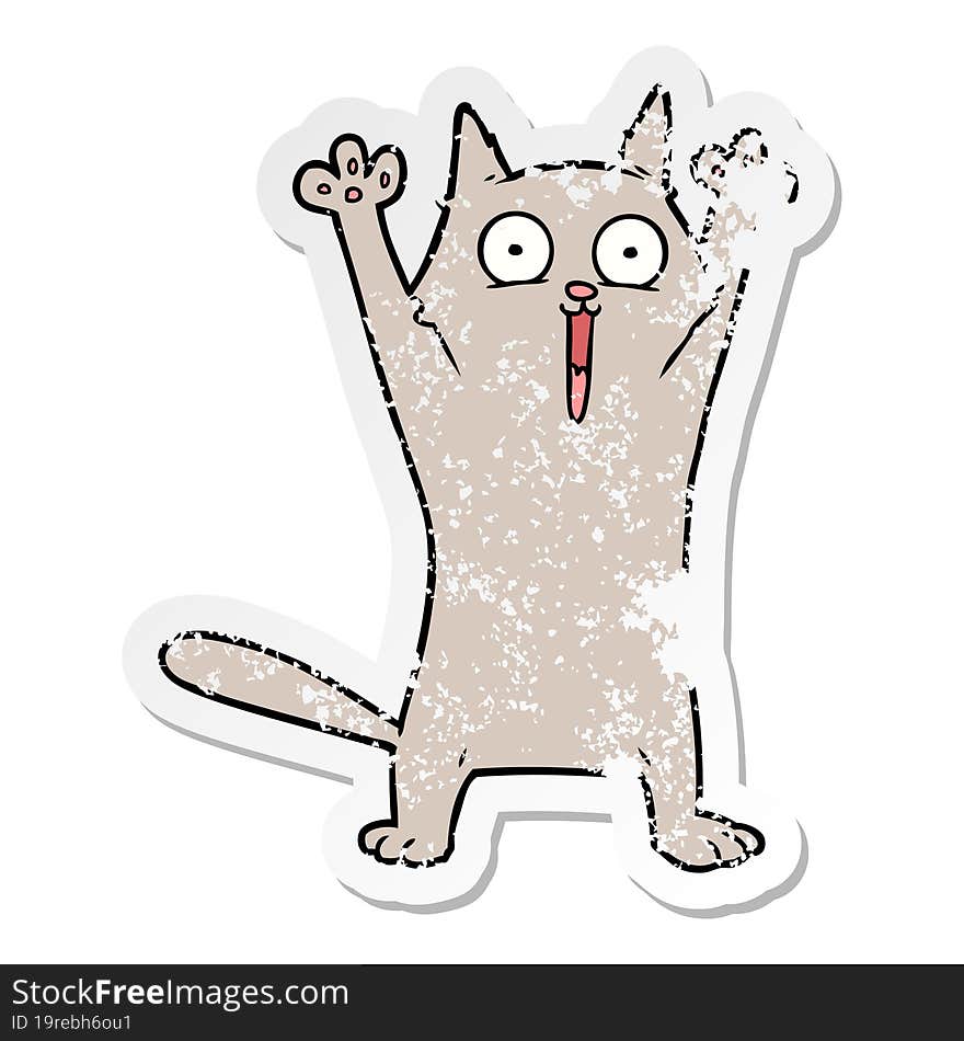 distressed sticker of a cartoon happy cat