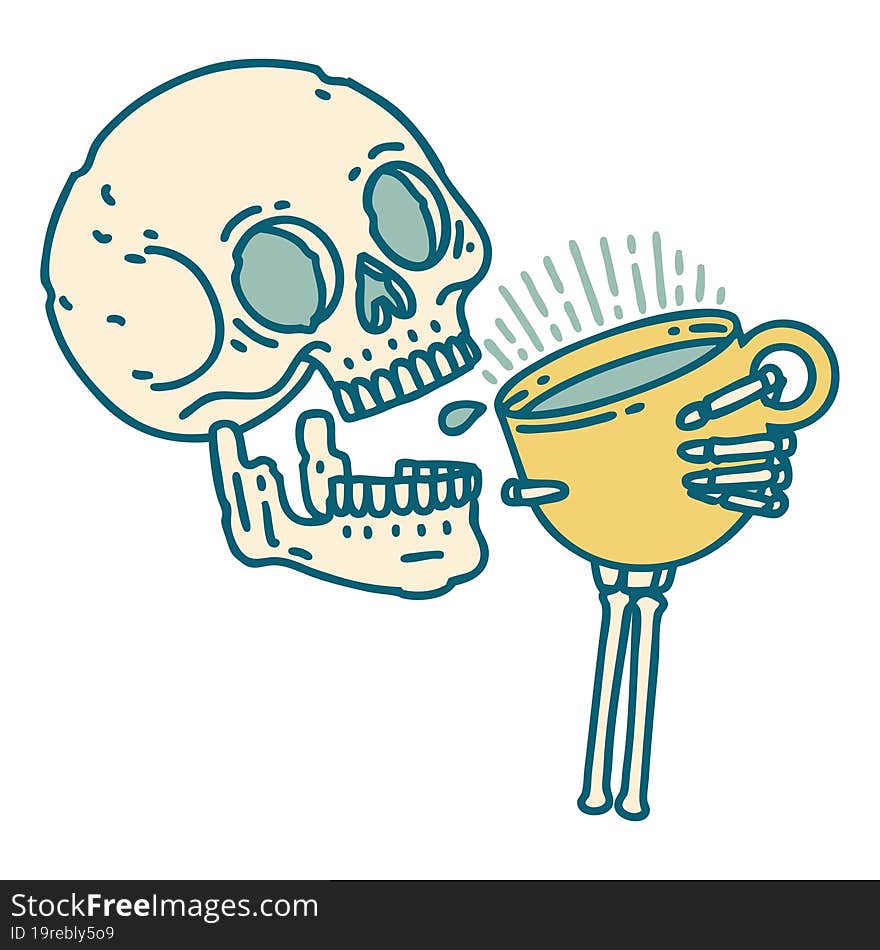 Tattoo Style Icon Of A Skull Drinking Coffee