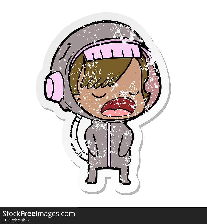 distressed sticker of a cartoon astronaut woman explaining