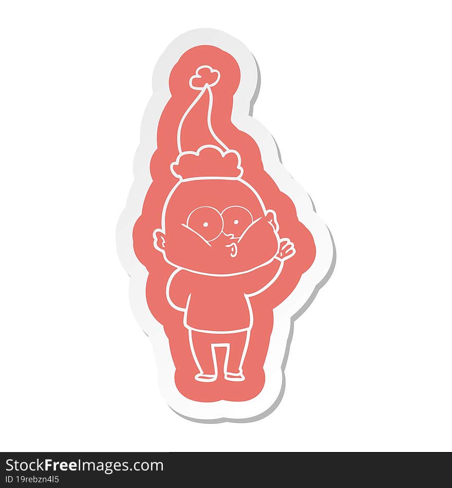 quirky cartoon  sticker of a bald man staring wearing santa hat