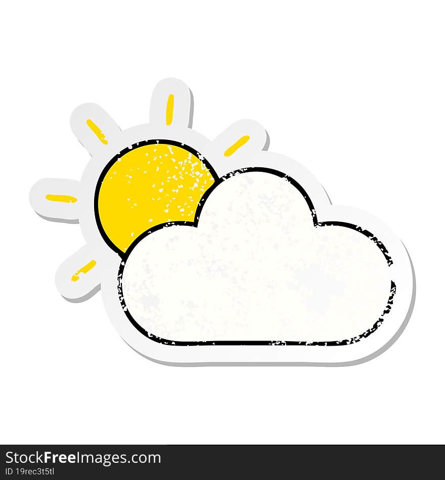 distressed sticker of a cute cartoon sunshine and cloud