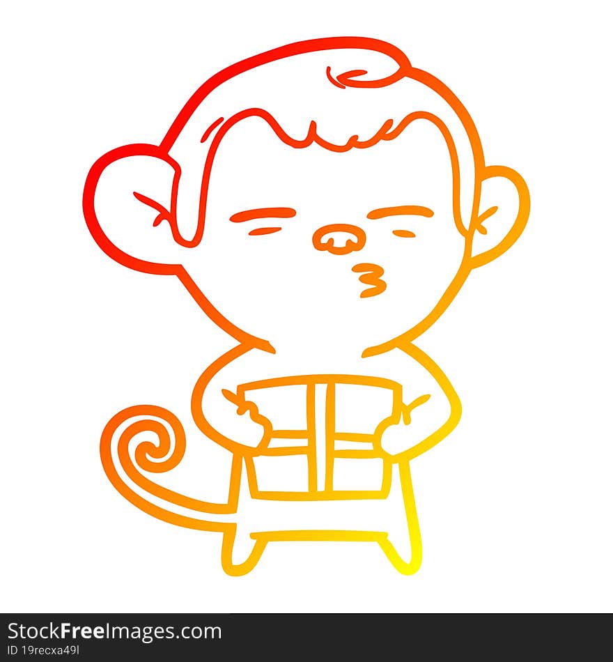 warm gradient line drawing of a cartoon suspicious monkey with present