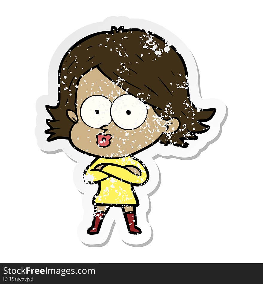 distressed sticker of a cartoon girl pouting