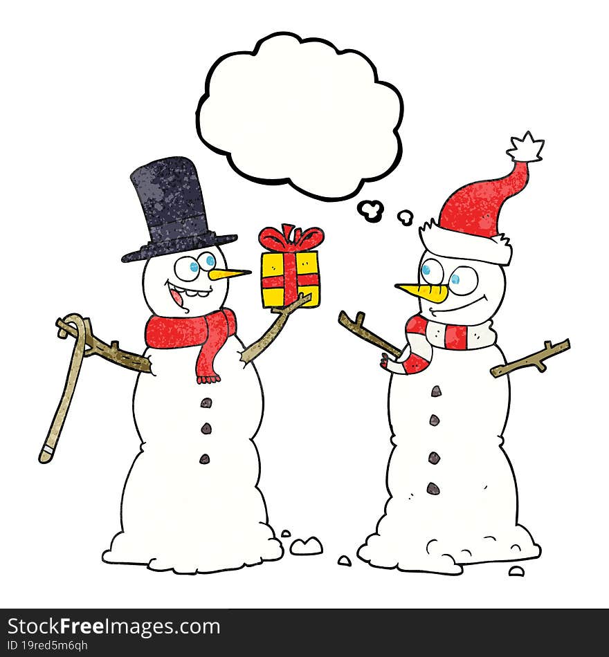 thought bubble textured cartoon snowmen exchanging gifts