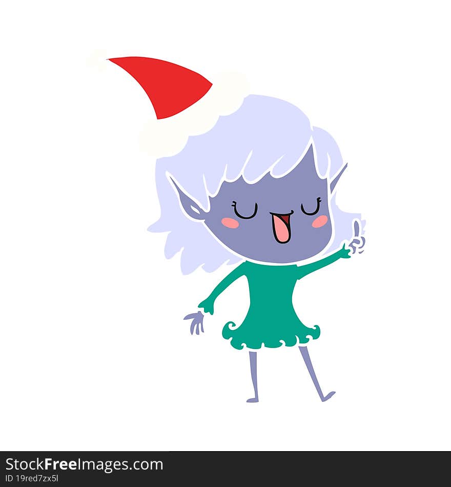 flat color illustration of a elf girl wearing santa hat