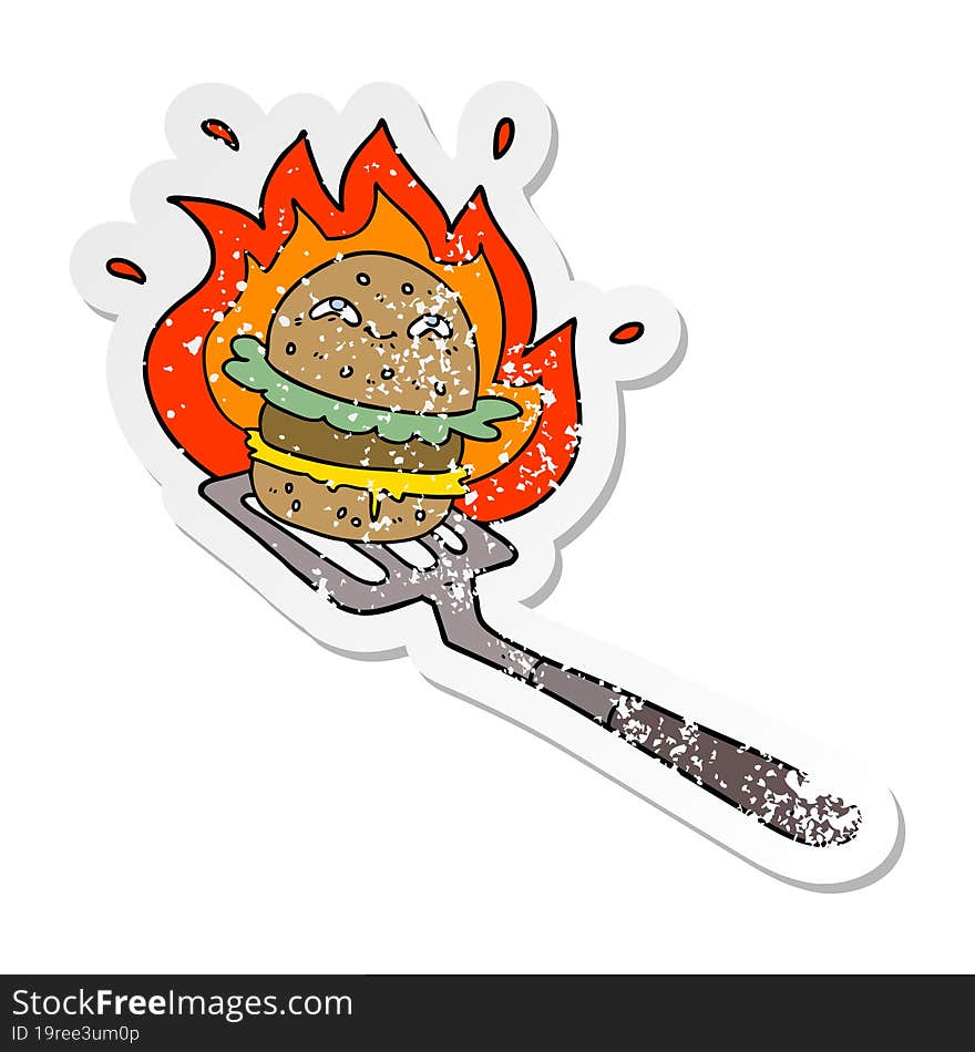 distressed sticker of a cartoon burger cooking