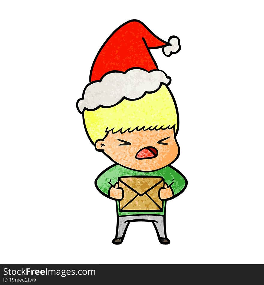 textured cartoon of a stressed man wearing santa hat