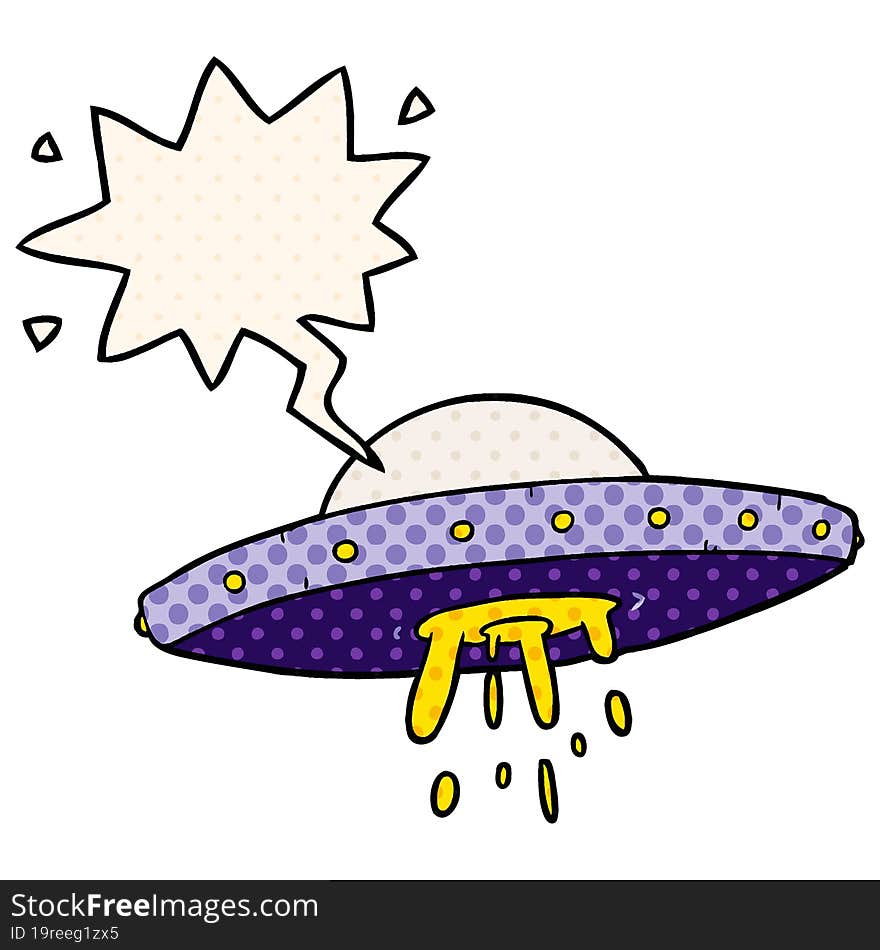 cartoon flying UFO and speech bubble in comic book style