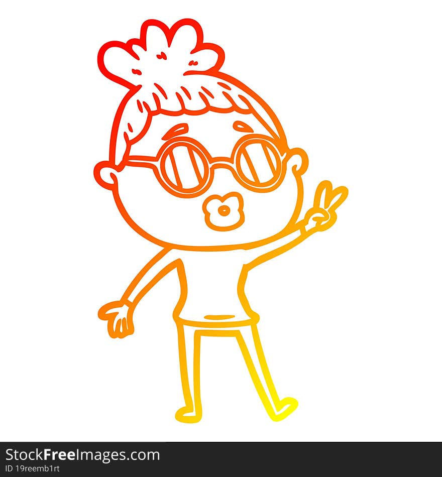 Warm Gradient Line Drawing Cartoon Woman Making Peace Sign