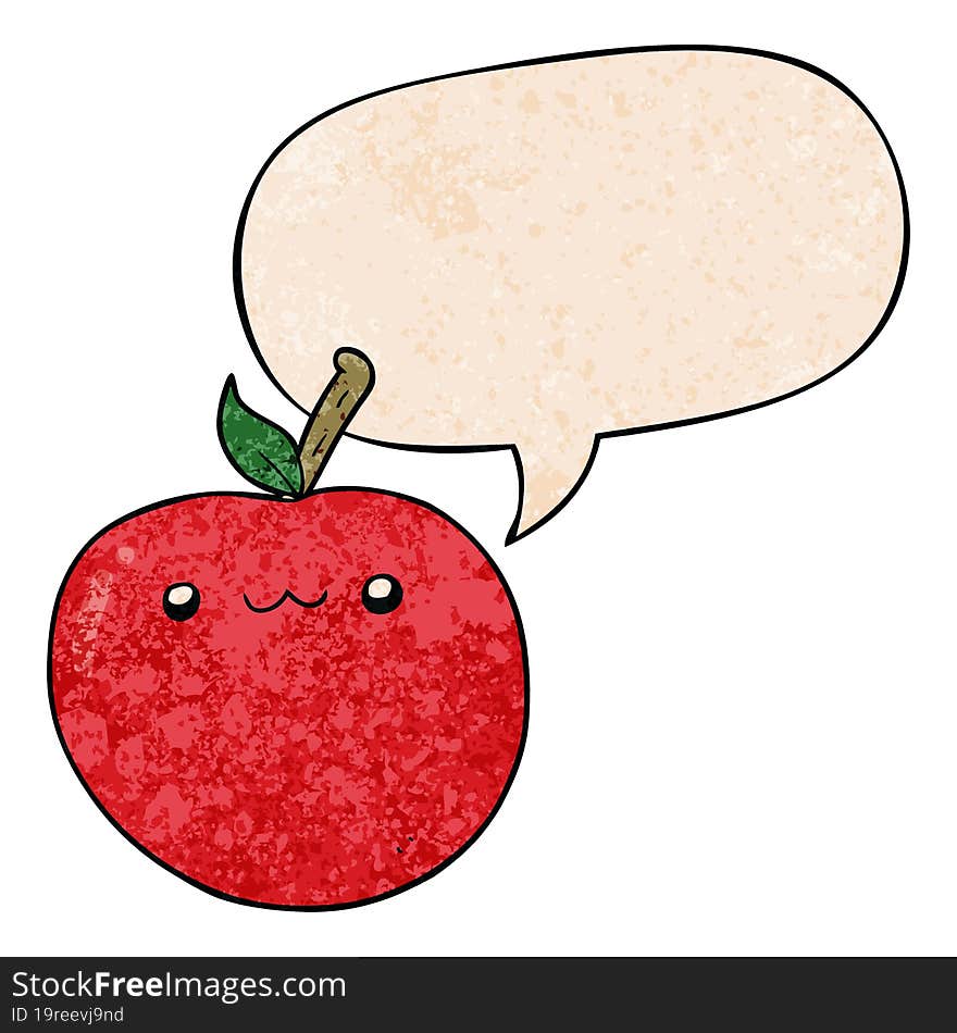 cartoon cute apple and speech bubble in retro texture style