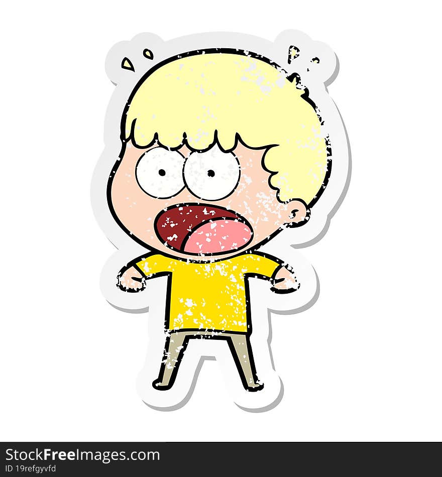 distressed sticker of a cartoon shocked man