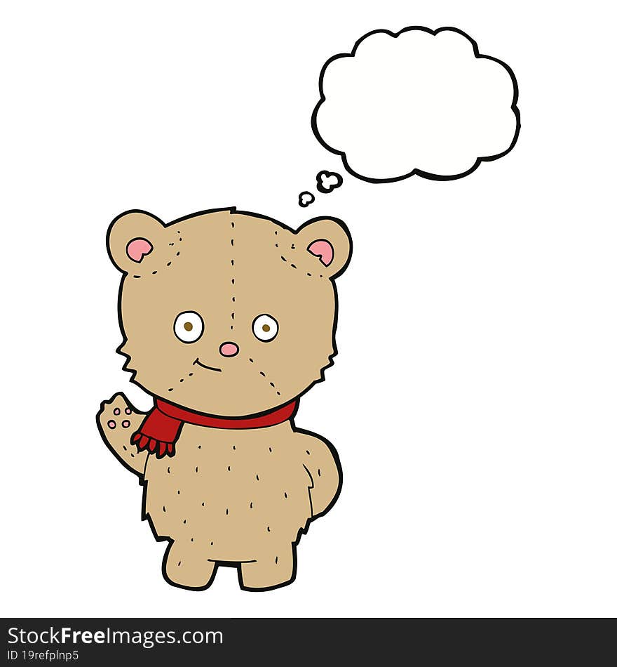 cartoon waving teddy bear with thought bubble