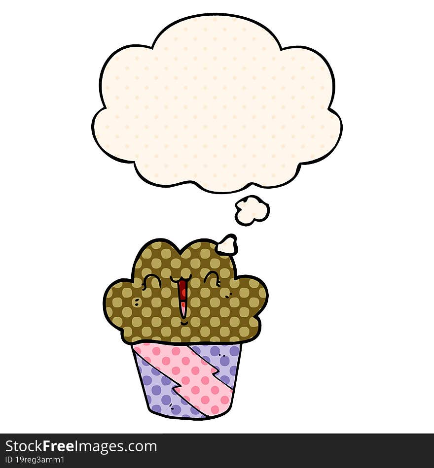 cartoon cupcake with face and thought bubble in comic book style