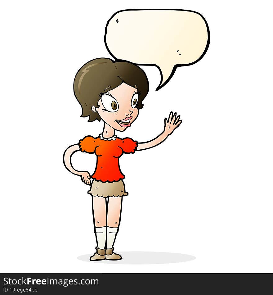 Cartoon Waving Woman With Speech Bubble