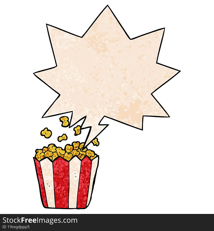 cartoon popcorn and speech bubble in retro texture style