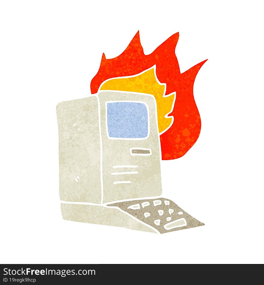 Retro Cartoon Old Computer On Fire