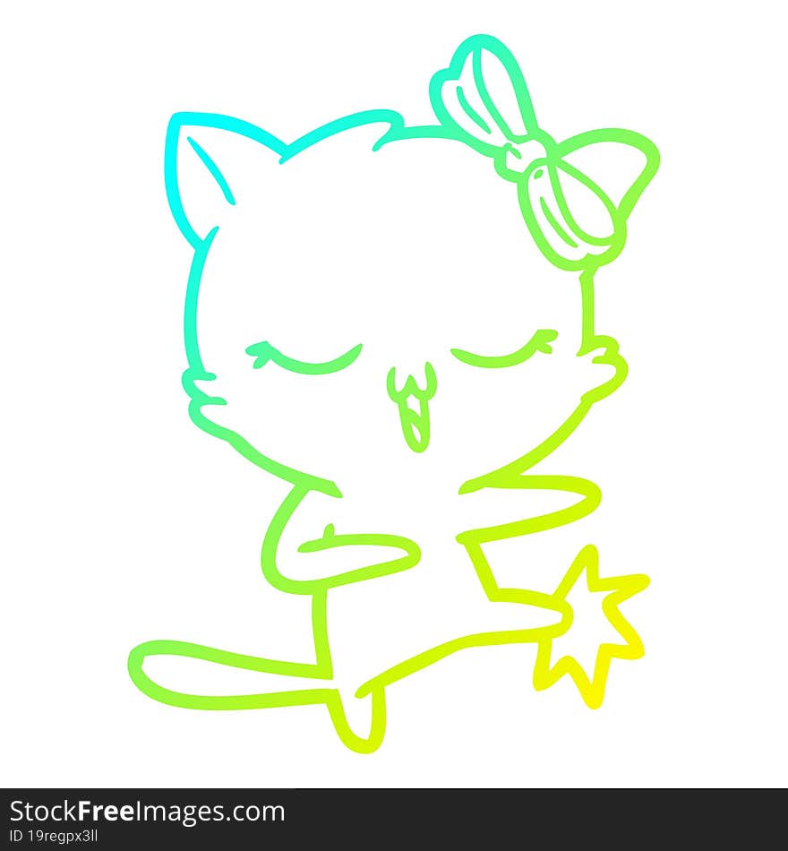 Cold Gradient Line Drawing Cartoon Cat With Bow On Head