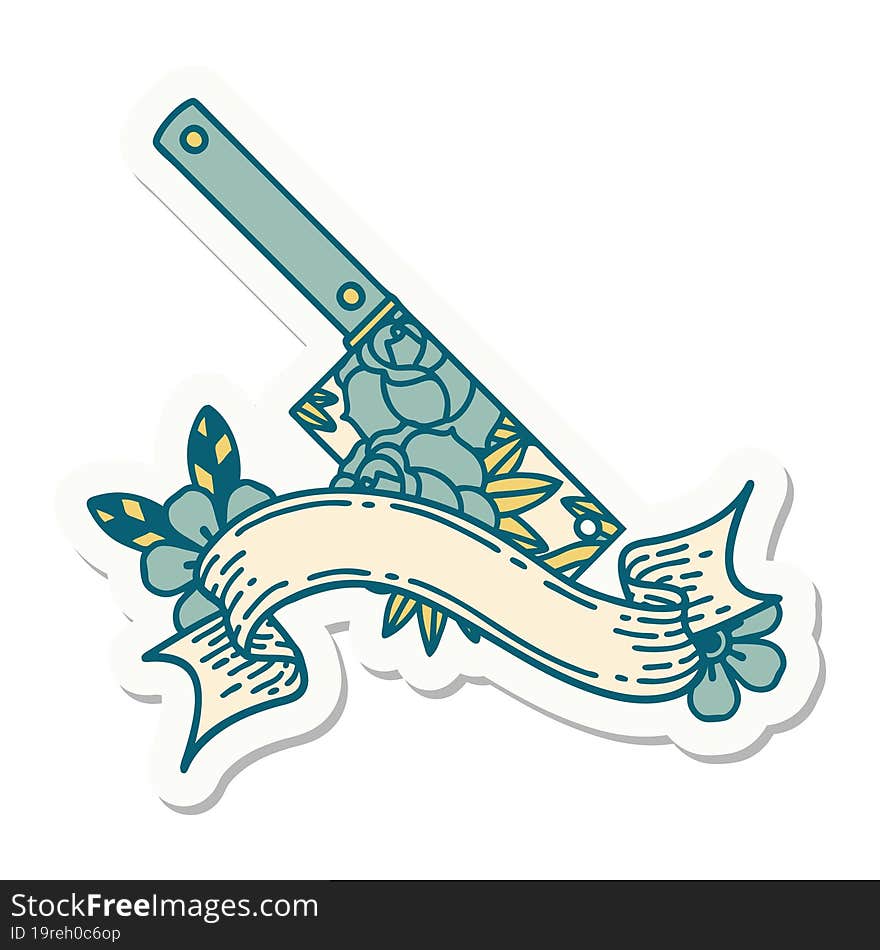 tattoo sticker with banner of a cleaver and flowers