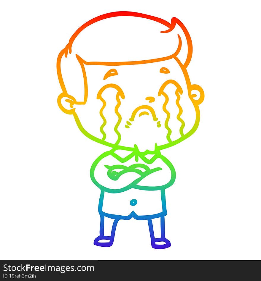 rainbow gradient line drawing of a cartoon man crying