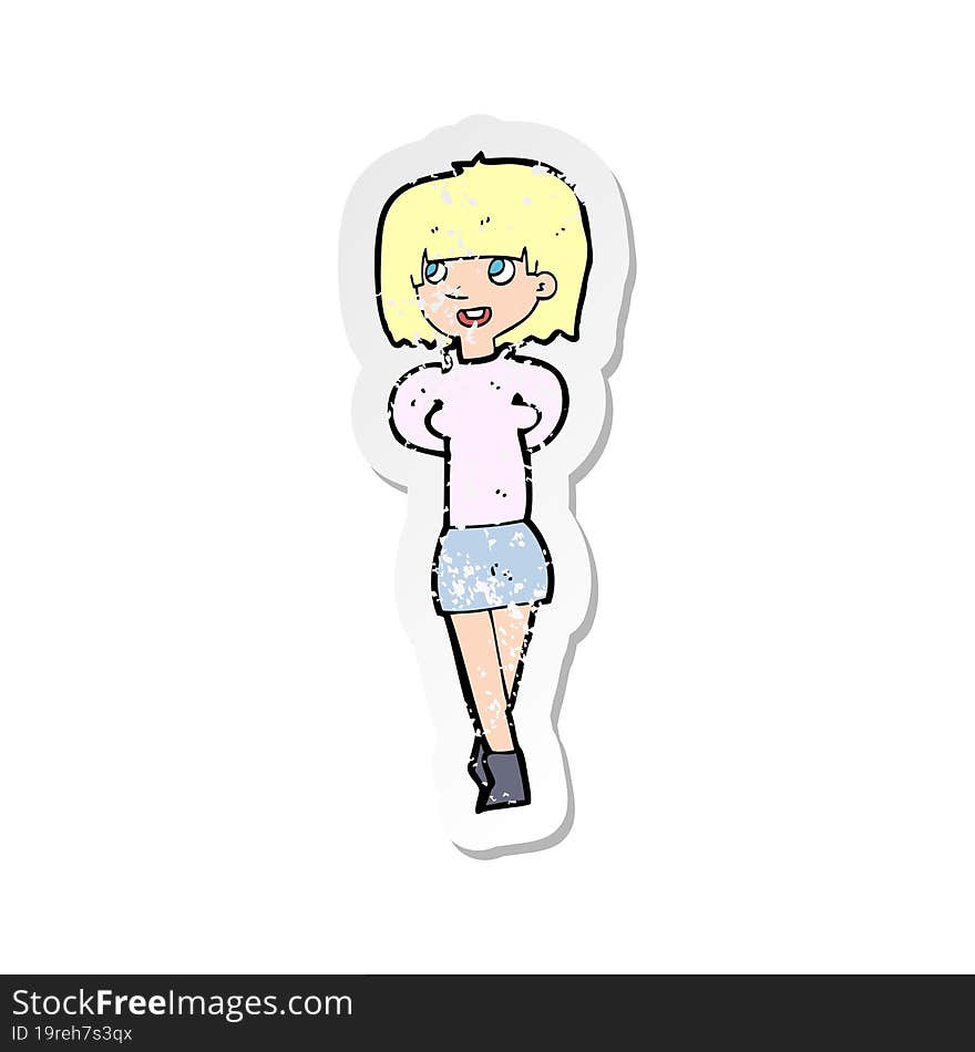 Retro Distressed Sticker Of A Cartoon Happy Woman