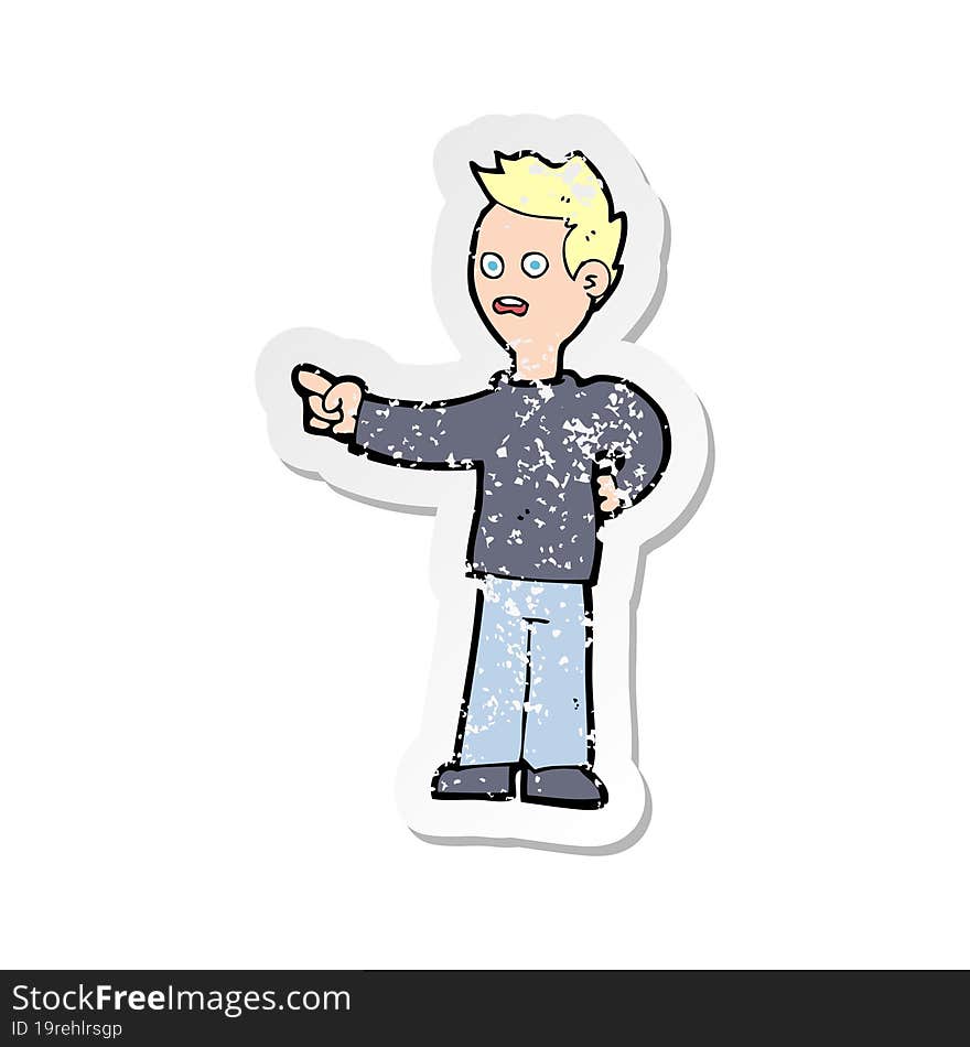 retro distressed sticker of a cartoon shocked boy pointing