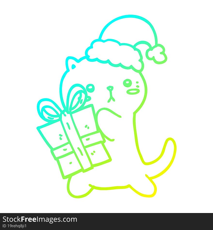 Cold Gradient Line Drawing Cute Cartoon Cat Carrying Christmas Present