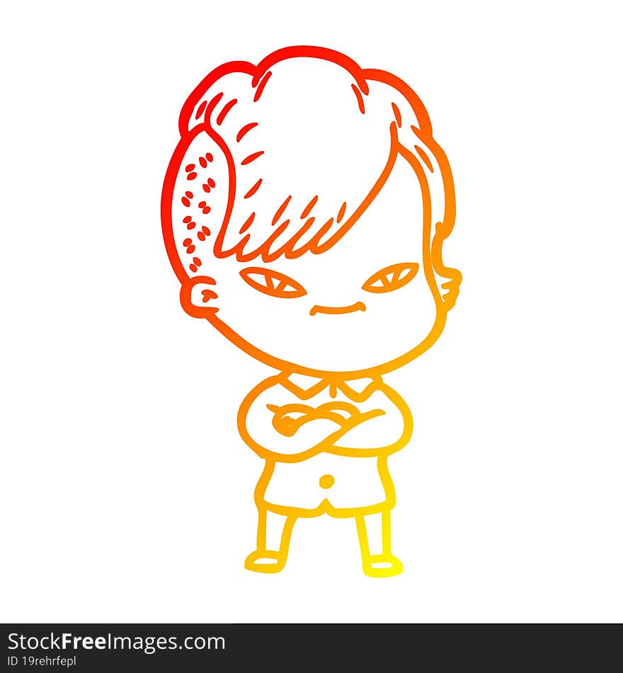 Warm Gradient Line Drawing Cute Cartoon Girl With Hipster Haircut