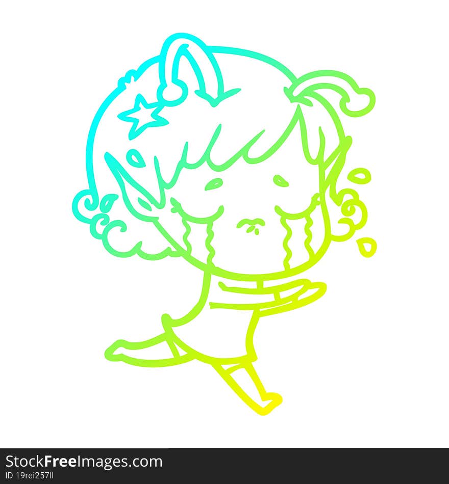 cold gradient line drawing cartoon crying alien girl