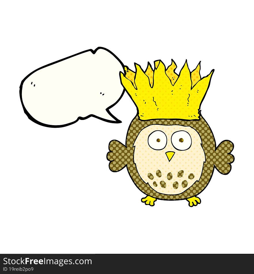 comic book speech bubble cartoon owl wearing paper crown christmas hat