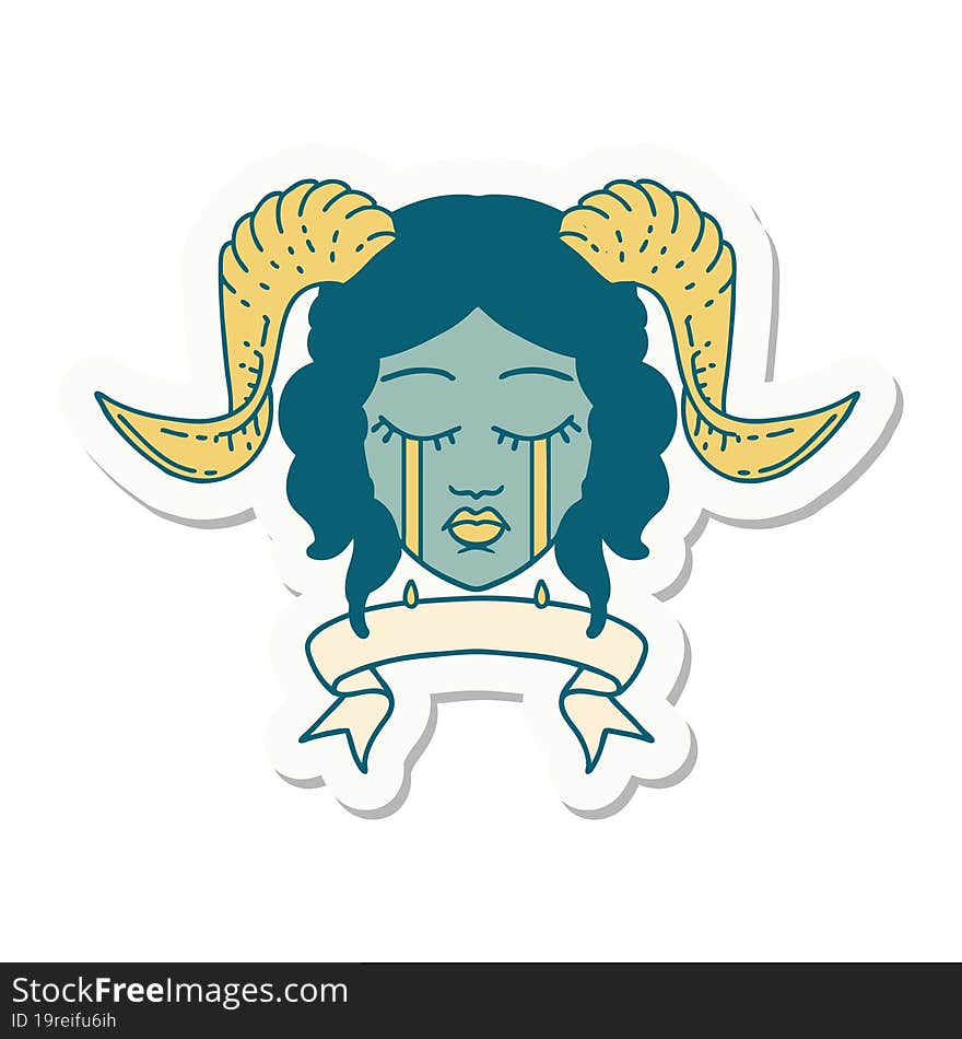 crying tiefling character face with scroll banner sticker