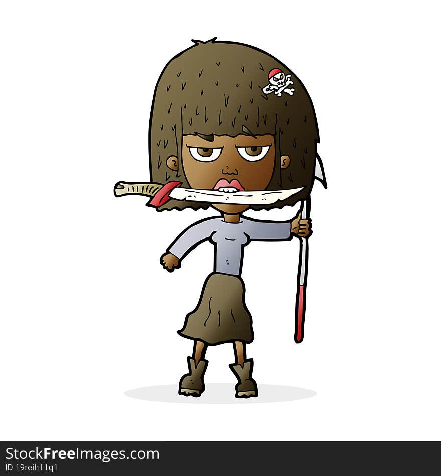 cartoon woman with knife and harpoon