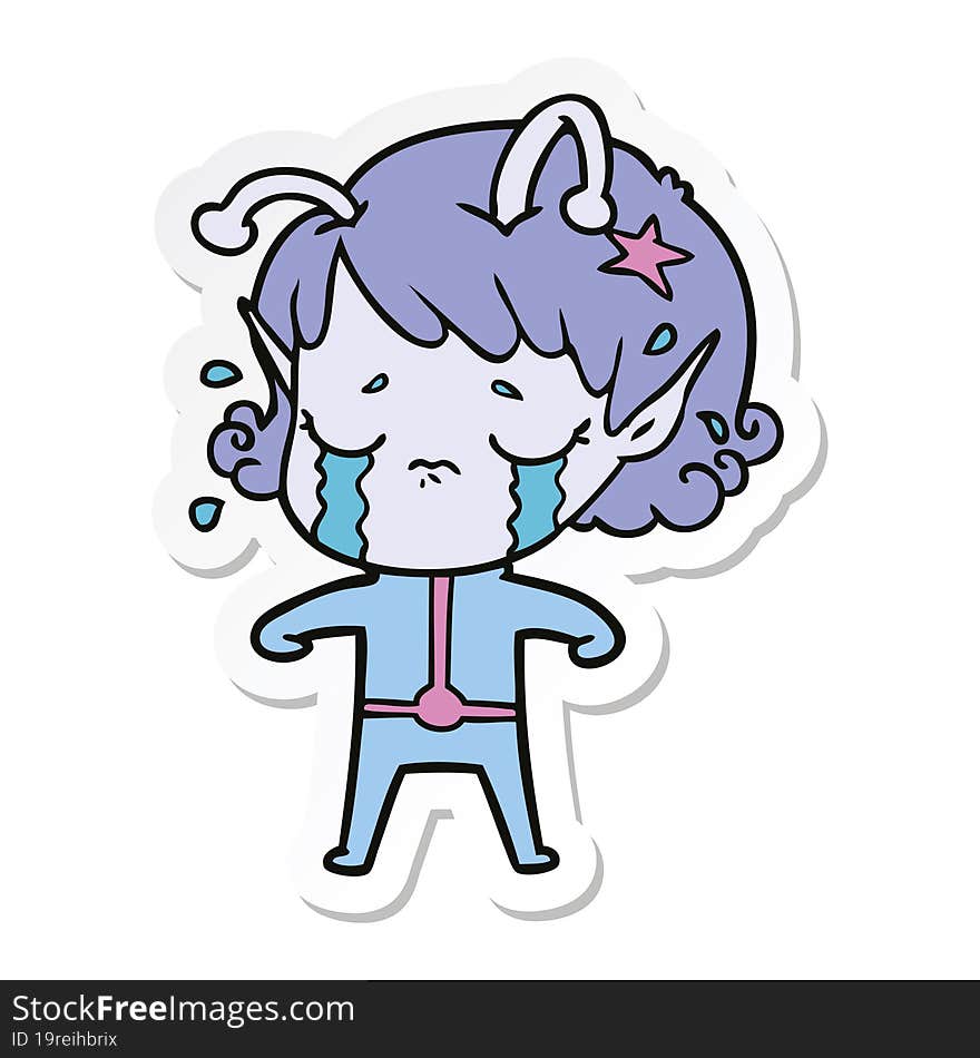 sticker of a cartoon crying alien girl