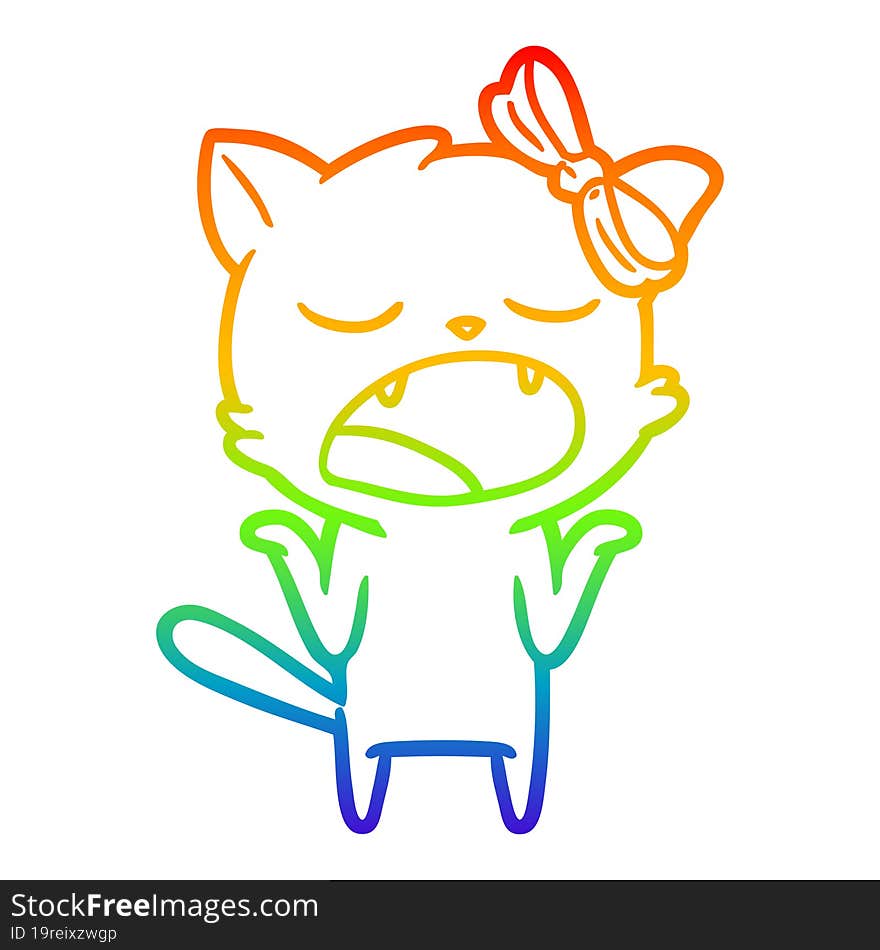 rainbow gradient line drawing of a cartoon yawning cat shrugging shoulders