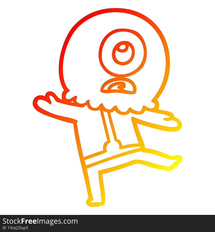 warm gradient line drawing of a cartoon cyclops alien spaceman