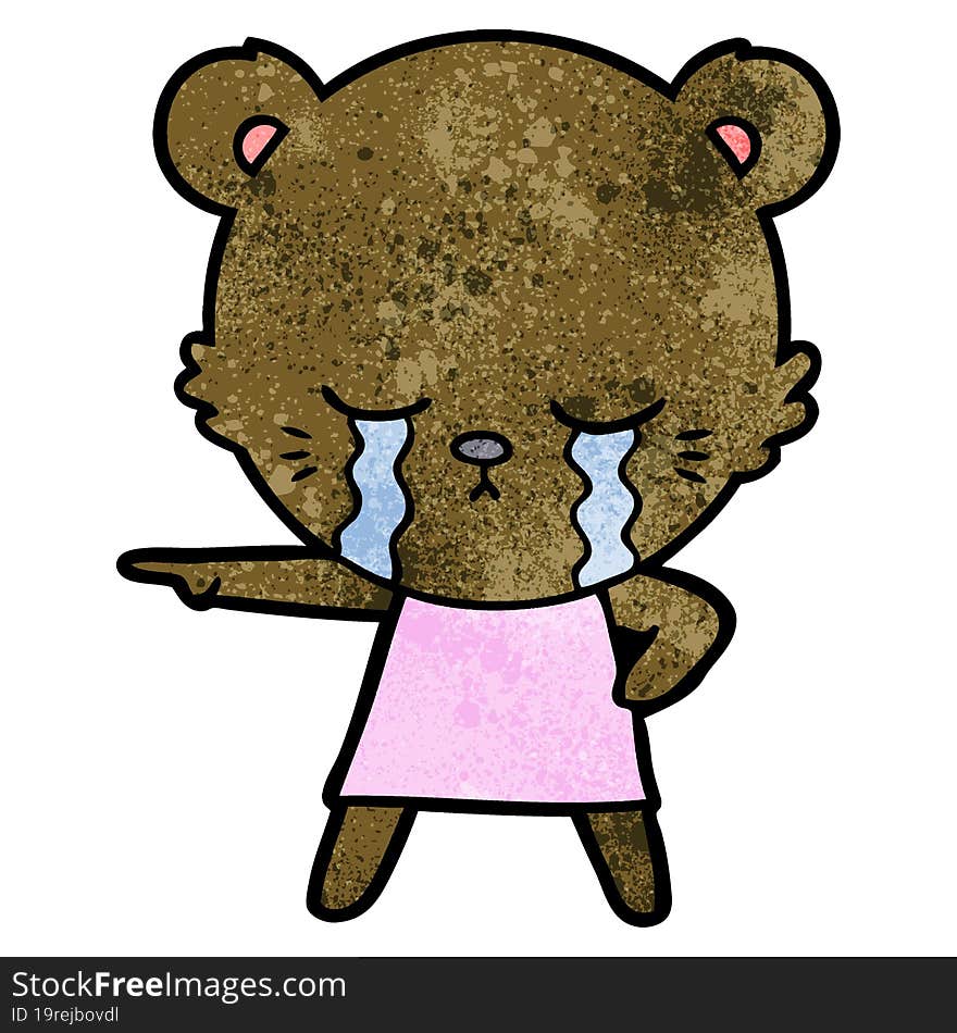 crying cartoon bear in dress pointing. crying cartoon bear in dress pointing