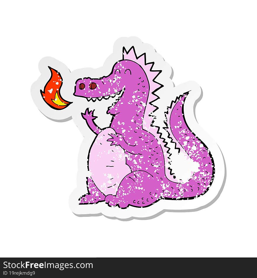 retro distressed sticker of a cartoon fire breathing dragon