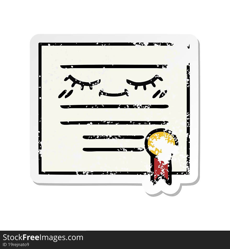 distressed sticker of a cute cartoon graduation diploma