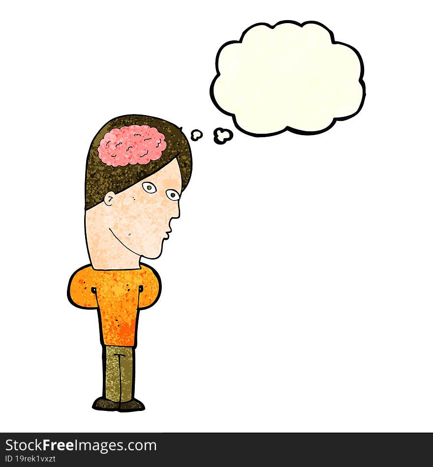 cartoon man with big brain with thought bubble