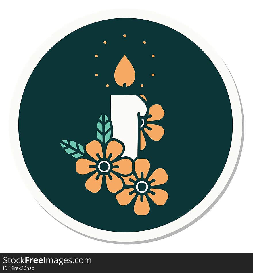 Tattoo Style Sticker Of A Candle And Flowers