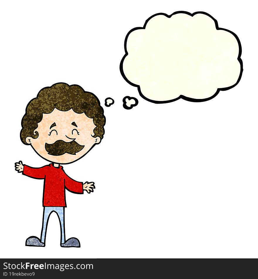 cartoon happy man with mustache with thought bubble