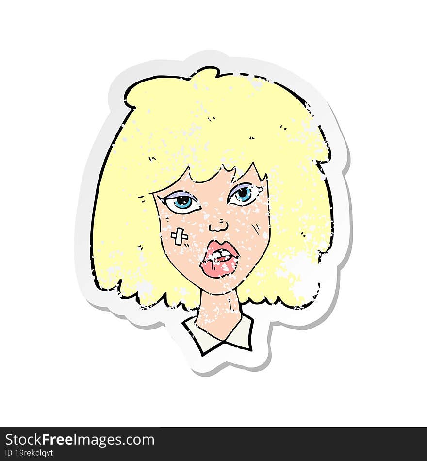 retro distressed sticker of a cartoon woman with bruised face