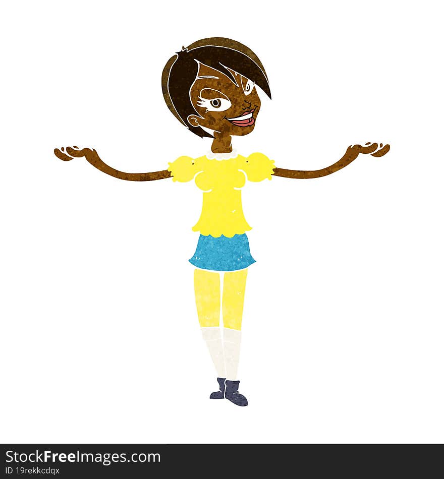 cartoon woman making open arm gesture