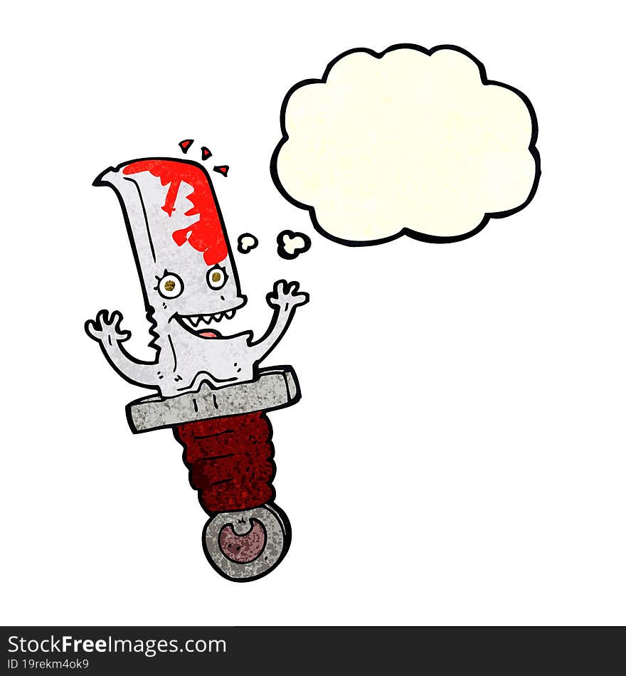 crazy cartoon knife character with thought bubble