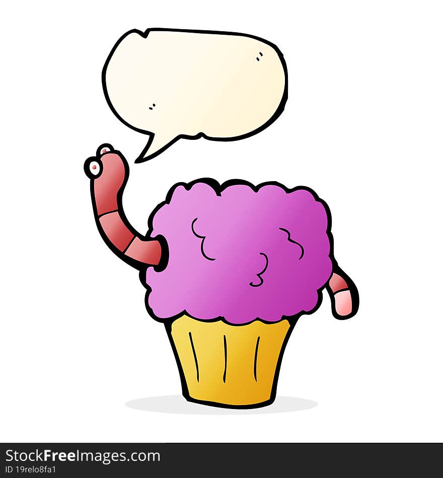 cartoon worm in cupcake with speech bubble