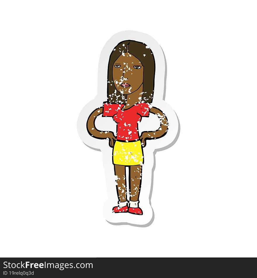 retro distressed sticker of a cartoon woman with hands on hips