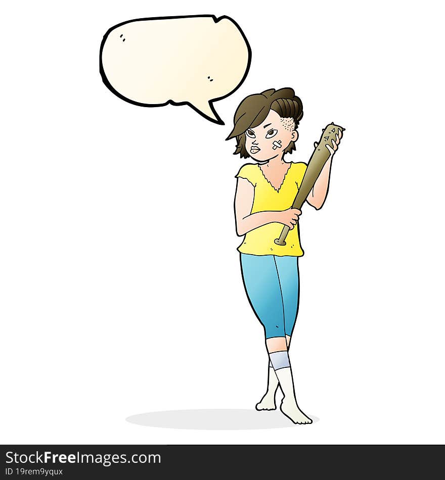 cartoon pretty punk girl with baseball bat with speech bubble