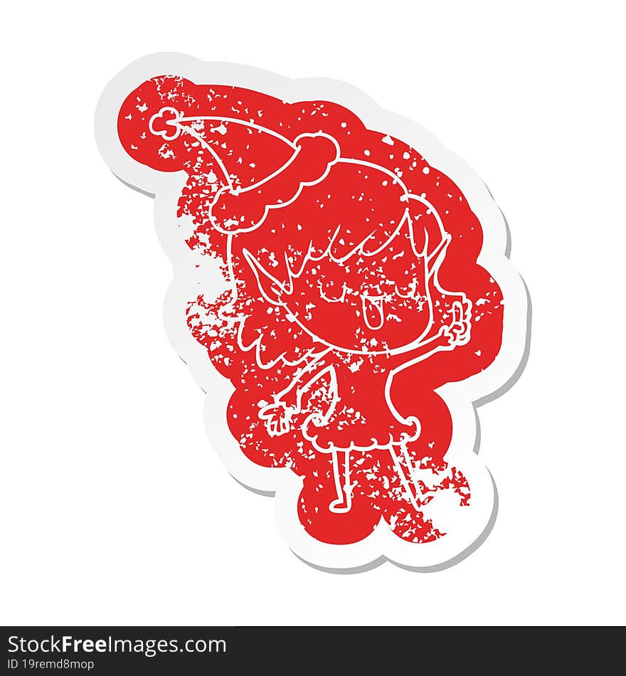 Cartoon Distressed Sticker Of A Elf Girl Wearing Santa Hat