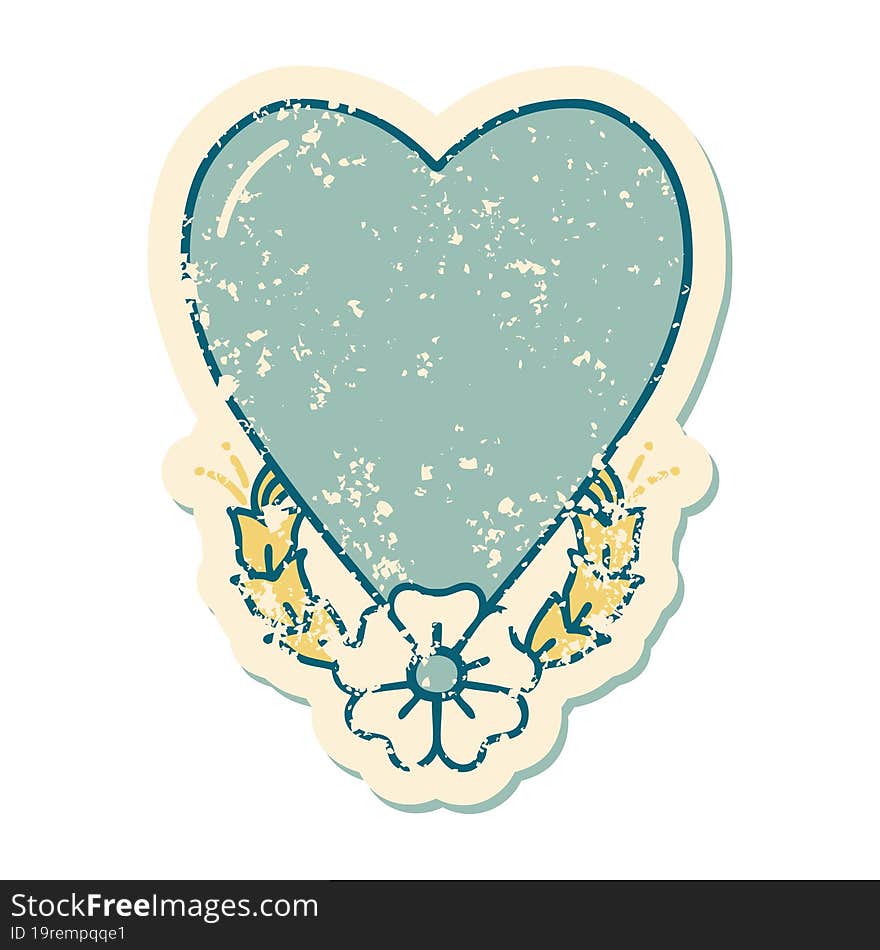 distressed sticker tattoo style icon of a heart and flower