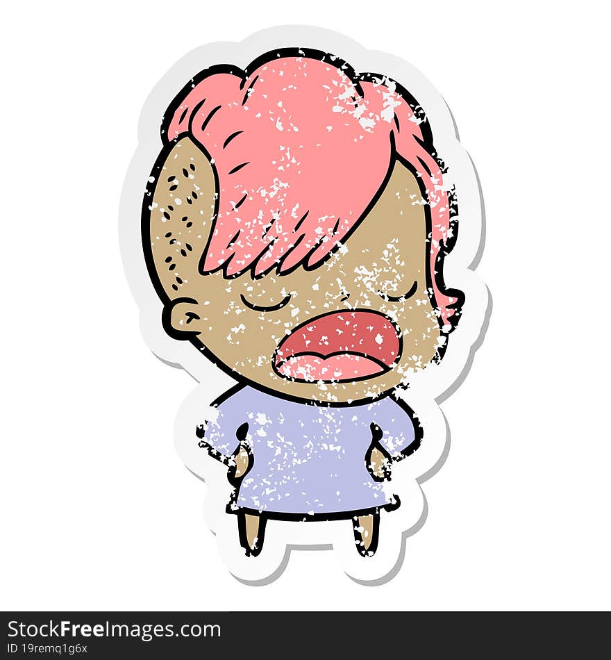 distressed sticker of a cartoon cool hipster girl talking