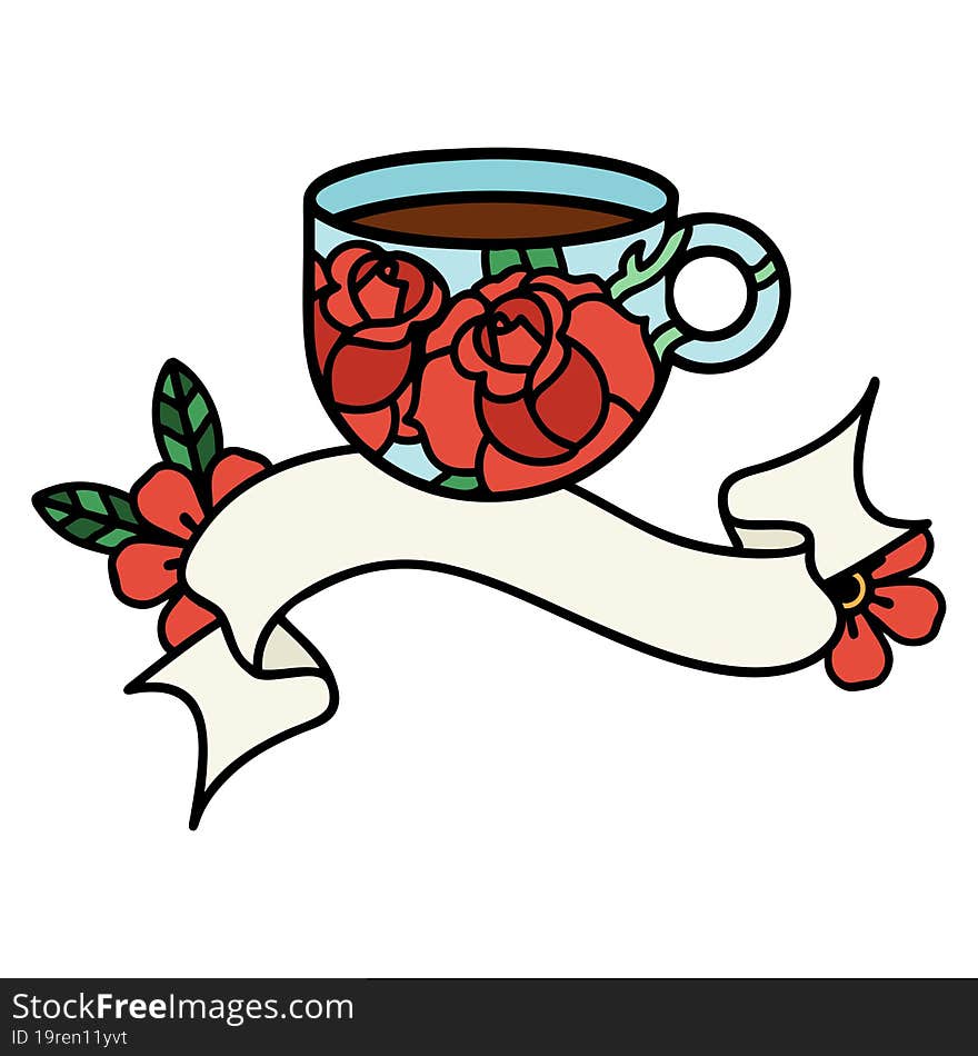 traditional tattoo with banner of a cup and flowers